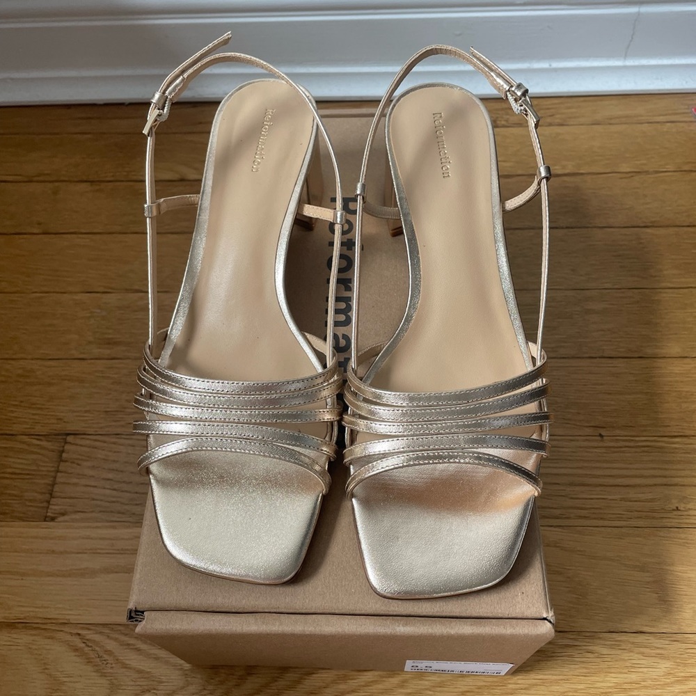 Reformation Eleonora Sling Back Block Heel Sandal, Gold, Size 8.5